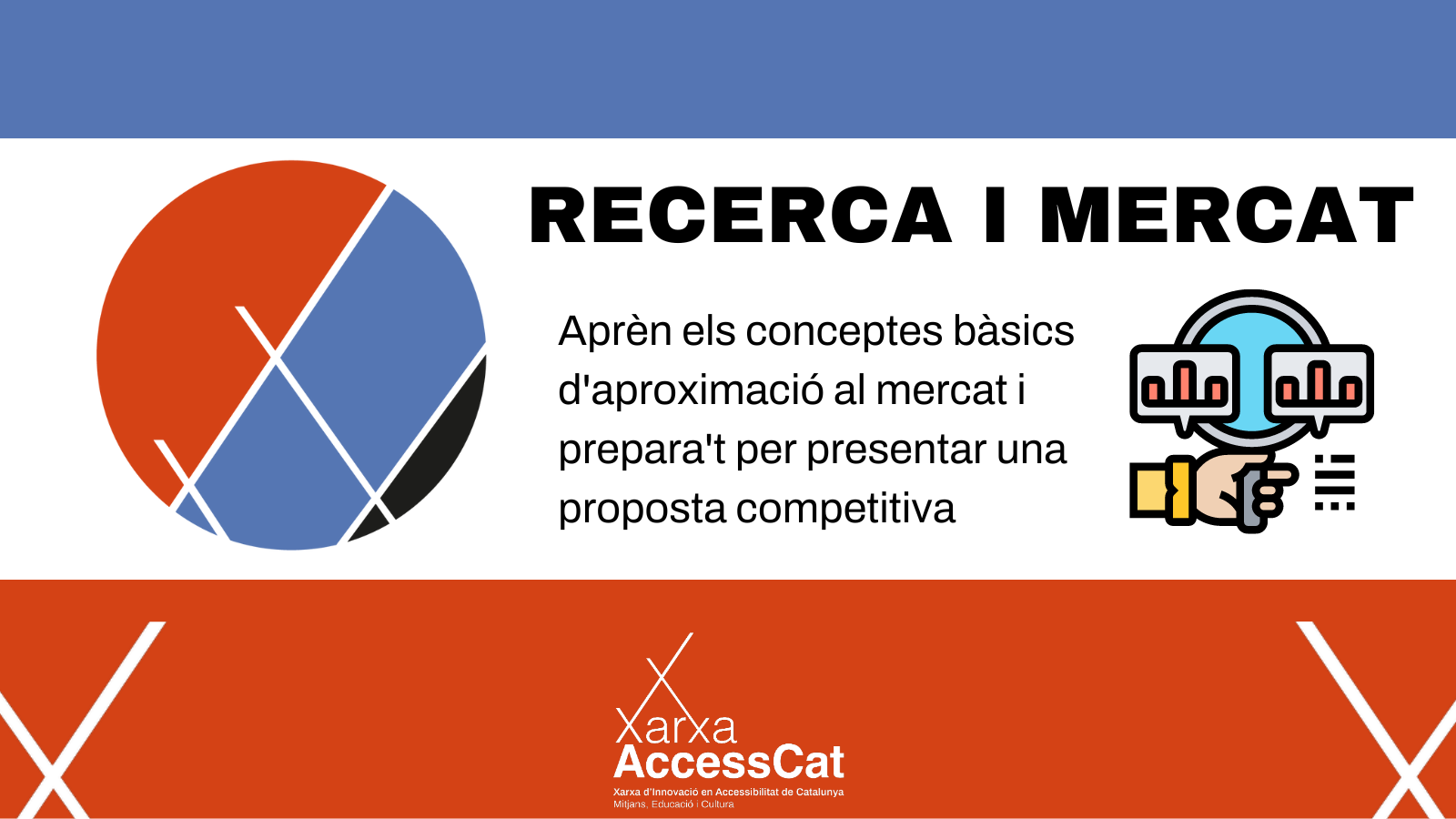 Logo Xarxa AccessCat. Text incrustat: "Recerca i Mercat. Aprèn els conceptes bàsics d'aproximació al mercat i prepara't per presentar una proposta competitiva."