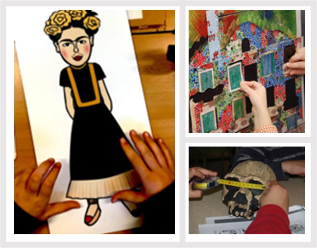 Tres imatges d'activitats didàctiques: dibuix de Frida Kahlo, mans d'infants fent una manualitat, mans d'infant mesurant un crani