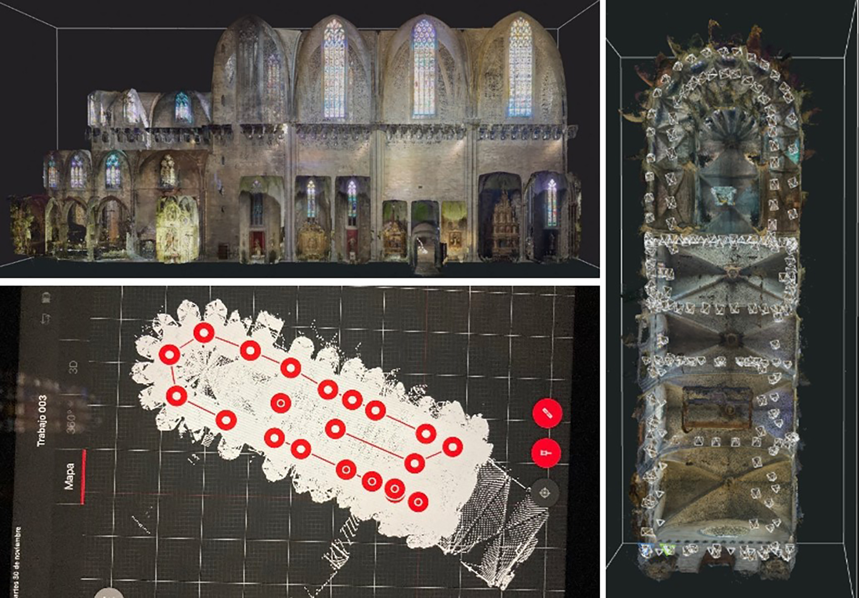 Tres imágenes de reconstrucción virtual de una iglesia desde planos distintos