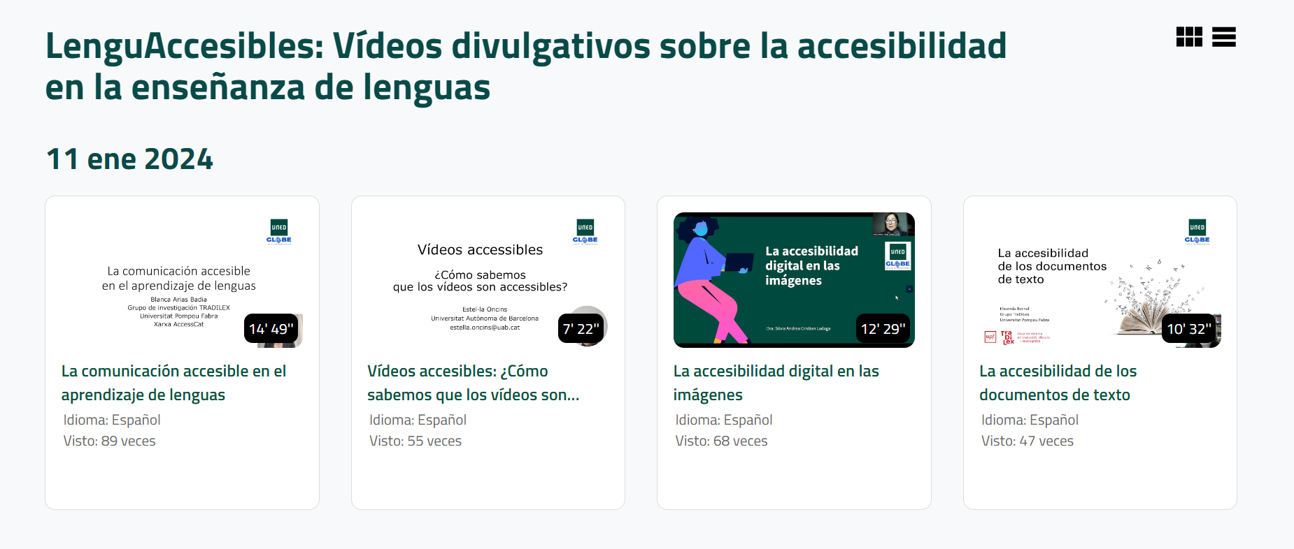 Screenshot of the LenguAccesibles website, showing the four videos in the series.