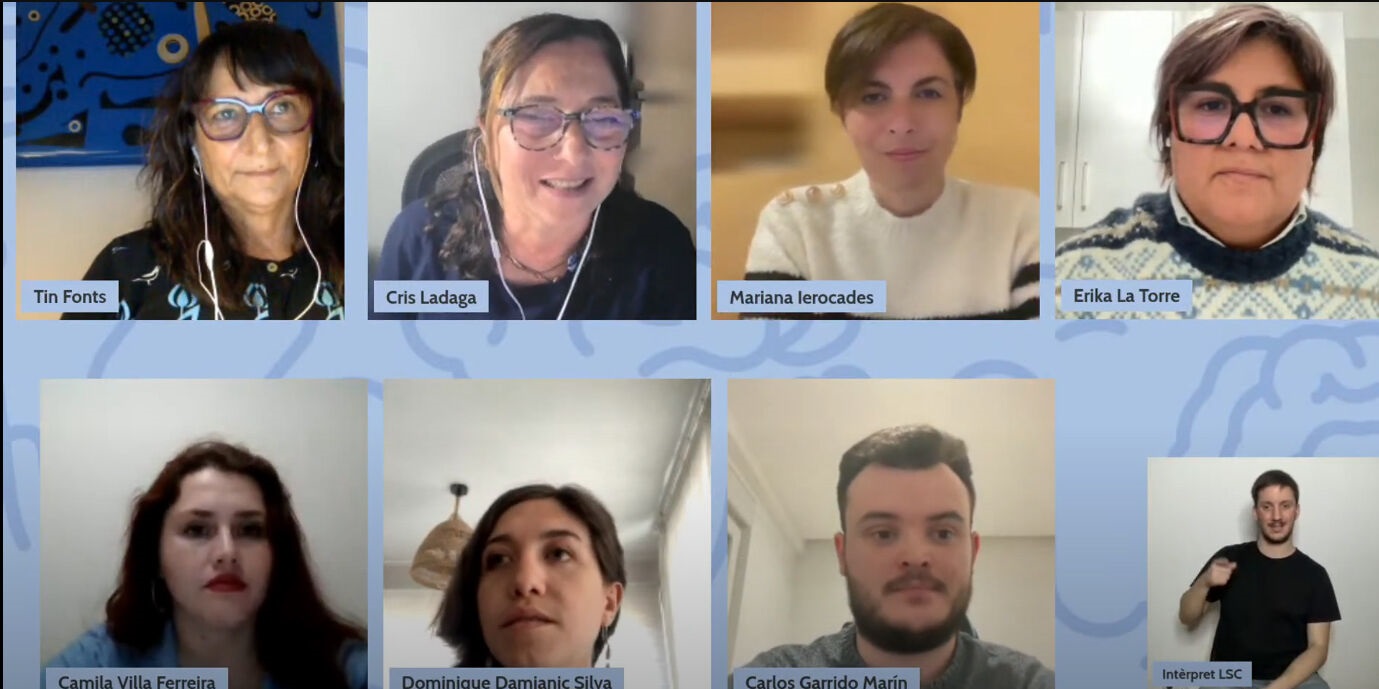 Screenshot of the session with Tin Fonts, Silvia Andrea Cristian Ladaga, Erika Latorre, Camila Villa Ferreira, Dominique Damjanic, and Carlos Garrido Marín.