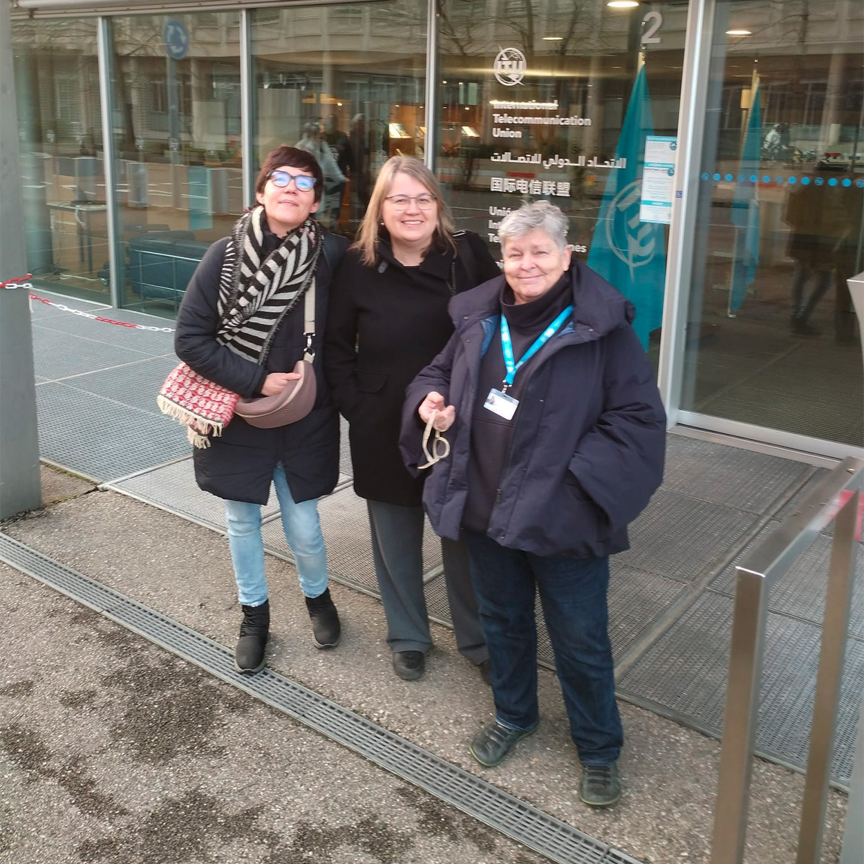 Researchers Anna Matamala, Estel·la Oncins, and Pilar Orero at the ITU headquarters in Geneva.