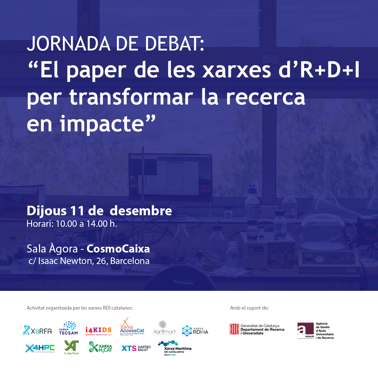 Cartell de la jornada de debat “El paper de les xarxes d’R+D+I per transformar la recerca en impacte”. Dijous 11 de desembre de 10 a 14 hores al CosmoCaixa de Barcelona.